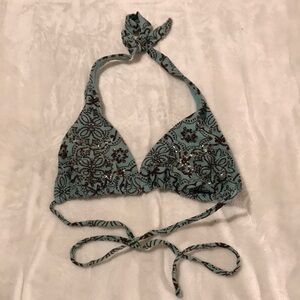 Aqua Floral Halter Bikini Top with Brown Accents